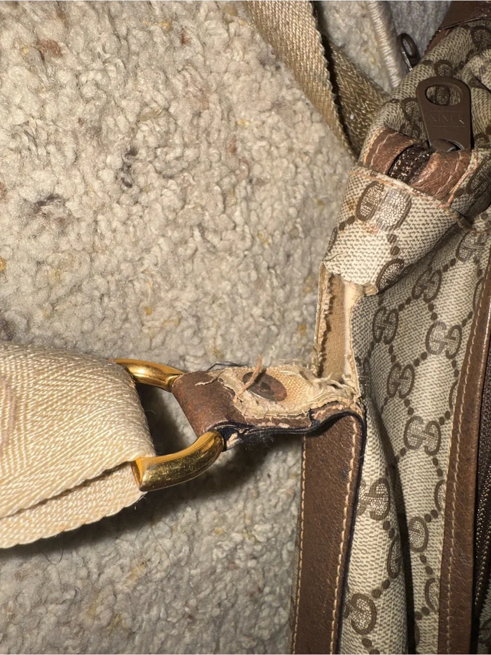 Vintage Gucci Beige Monogram Travel Bag with Brown Trim